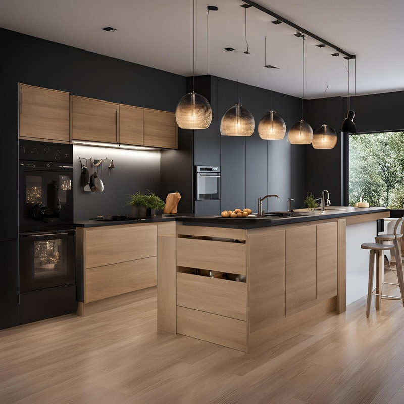 Warm wood cabinetry and pendant lighting in a welcoming modern kitchen